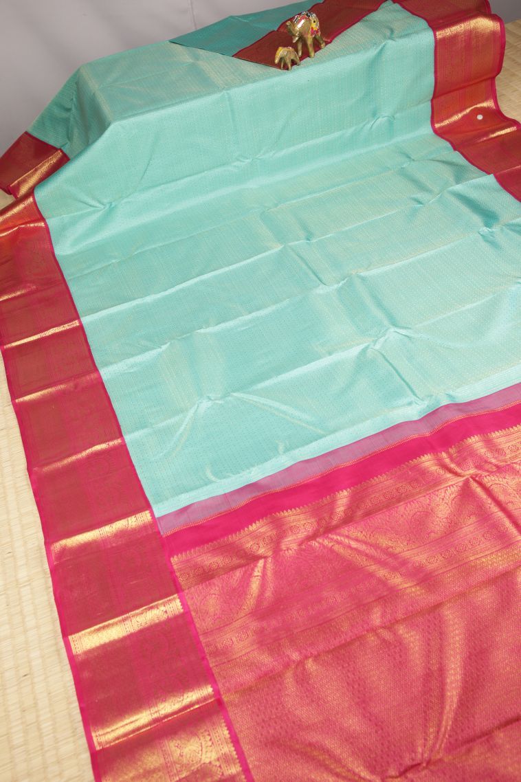 Arctic Blue Kanchipuram Silk Sarees with Gold Zari Stripes view 2