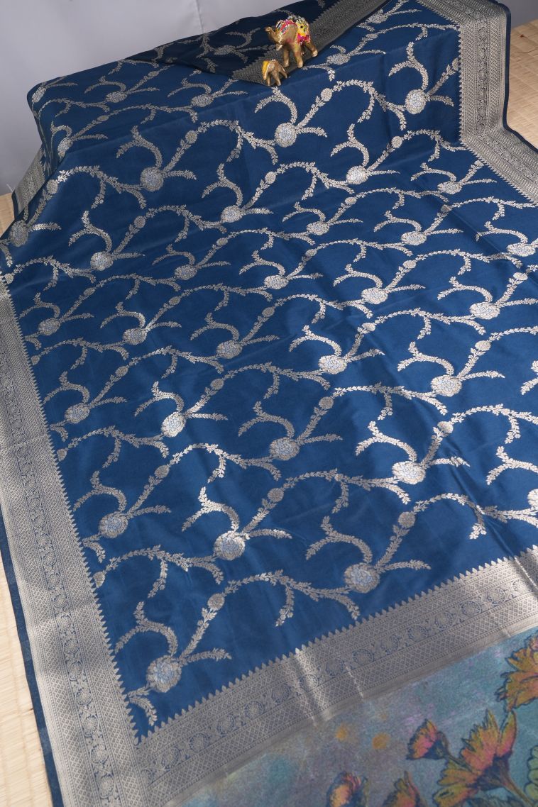 Aegean Blue Banaras Sarees with Copper Zari Floral Patterns view 2