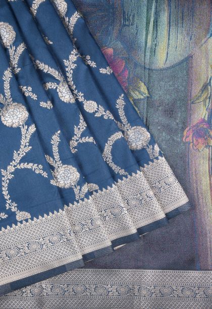 Aegean Blue Banaras Sarees with Copper Zari Floral Patterns