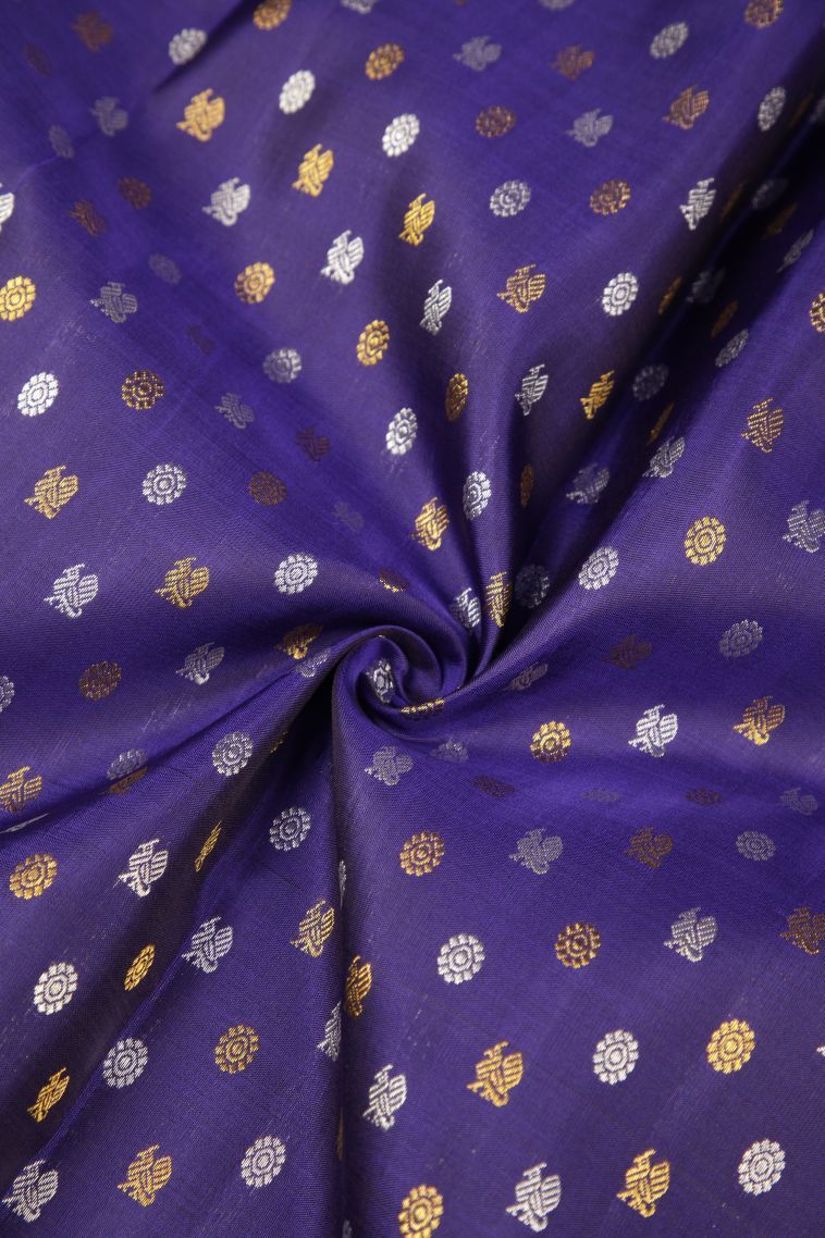 Admiral Blue Kanchipuram Silk Sarees with Gold And Silver Zari Peacock Motifs view 4