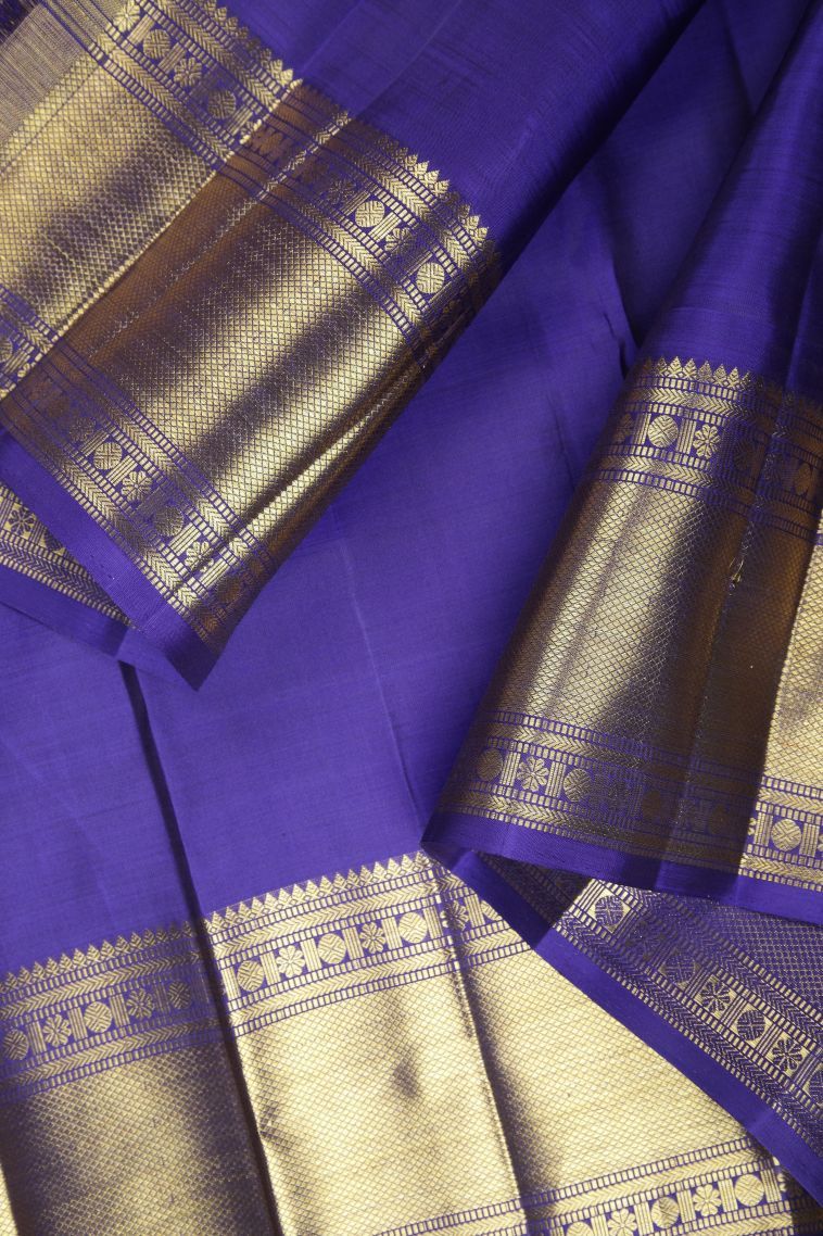 Admiral Blue Kanchipuram Silk Sarees with Gold And Silver Zari Peacock Motifs view 3