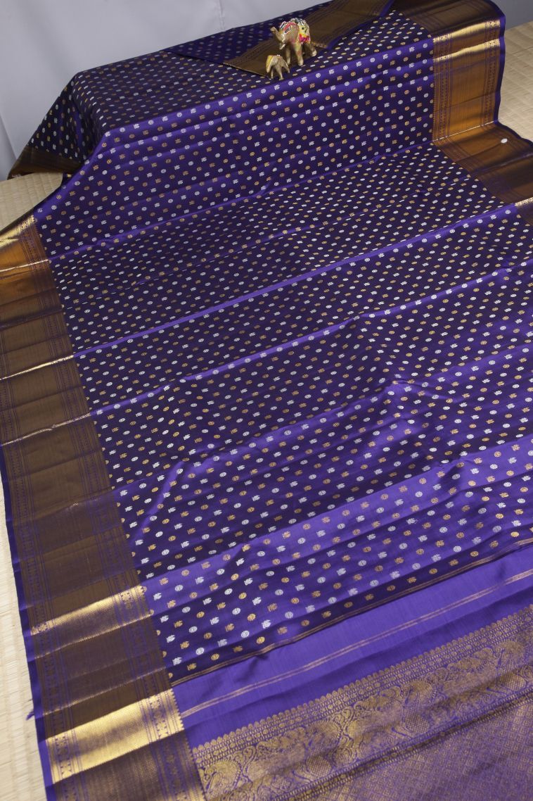 Admiral Blue Kanchipuram Silk Sarees with Gold And Silver Zari Peacock Motifs view 2