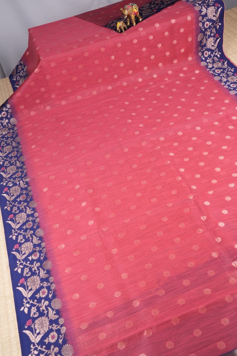Punch Pink Tussar Saree with Copper Zari Buttis (small Dots Or Motifs) view 2