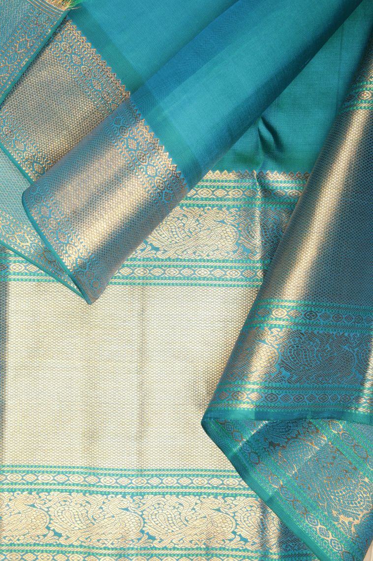 Cream White Kanchipuram Silk Sarees with Gold Zari Stripes view 3