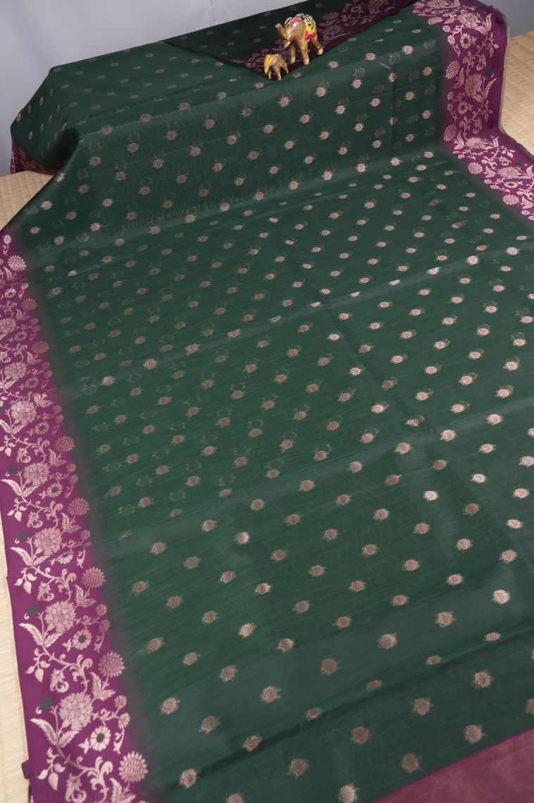 Bottle Green Tussar Saree with Copper Zari Buttis (small Dots Or Motifs) view 2