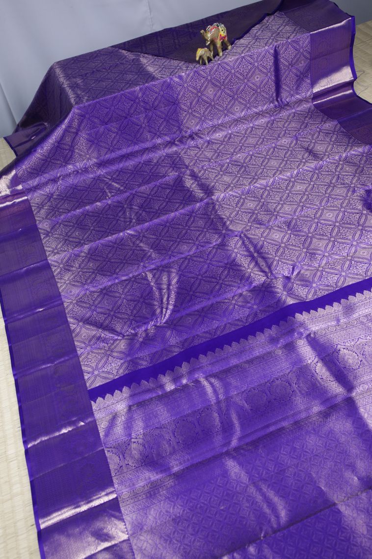 Admiral Blue Kanchipuram Silk Sarees with Copper Zari Floral Patterns view 2