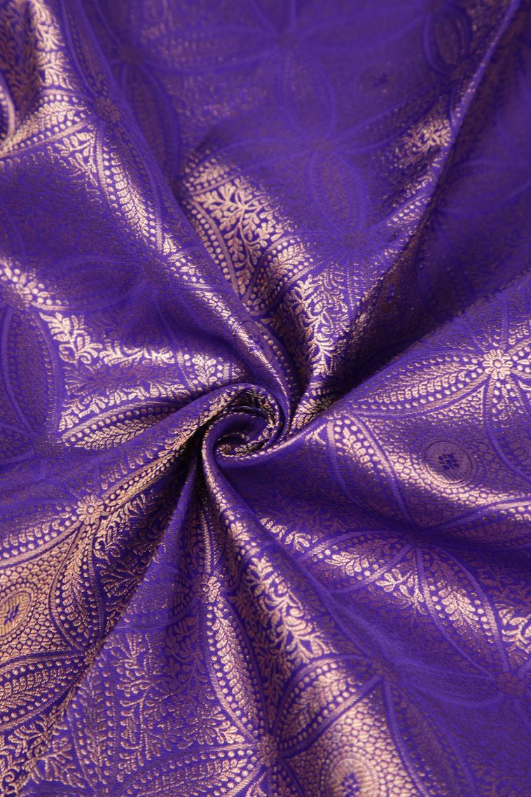 Admiral Blue Kanchipuram Silk Sarees with Copper Zari Floral Patterns view 4