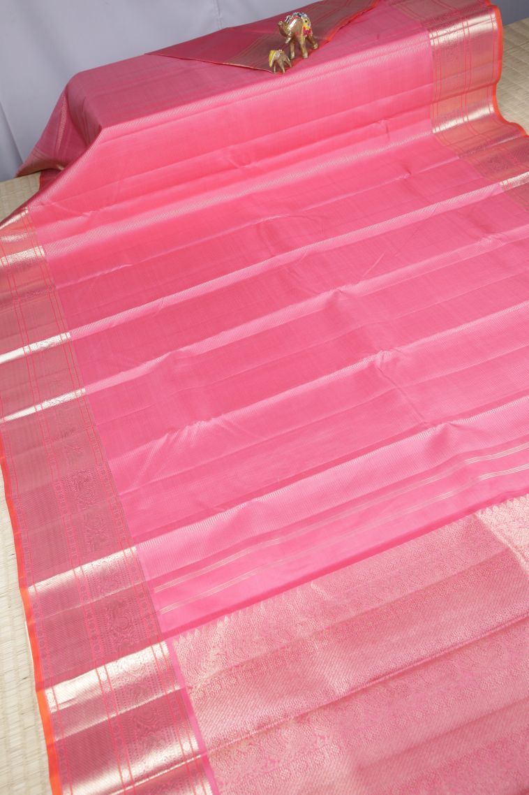 Lemonade Pink Kanchipuram Silk Sarees with Gold Zari Stripes view 2