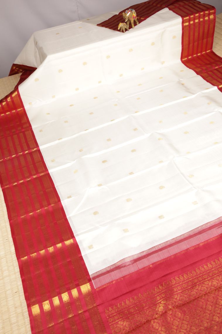 Daisy White Kanchipuram Silk Sarees with Gold Zari Buttis (small Dots Or Motifs) view 2