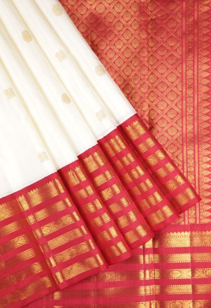 Daisy White Kanchipuram Silk Sarees with Gold Zari Buttis (small Dots Or Motifs)