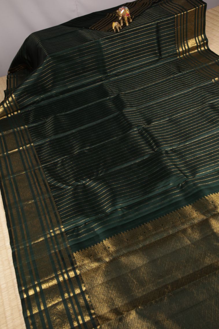 Bottle Green Kanchipuram Silk Sarees with Gold Zari Stripes view 2
