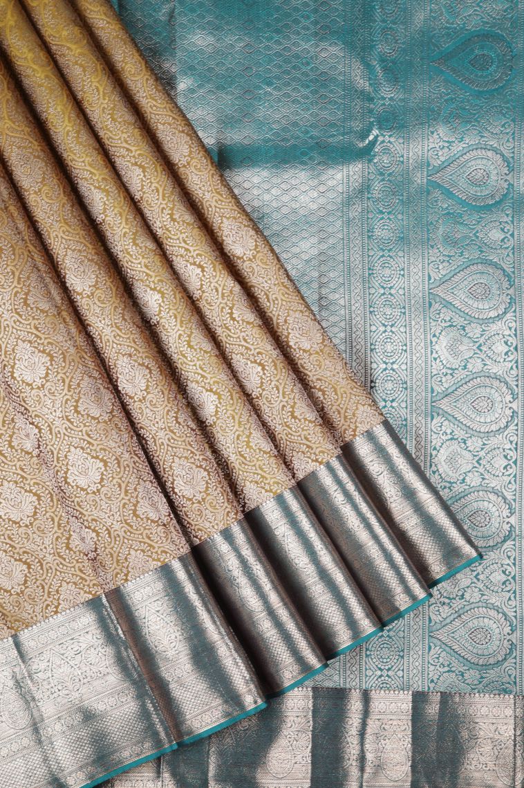 Olive Green Kanchipuram Silk Sarees with Copper Zari Floral Patterns view 1