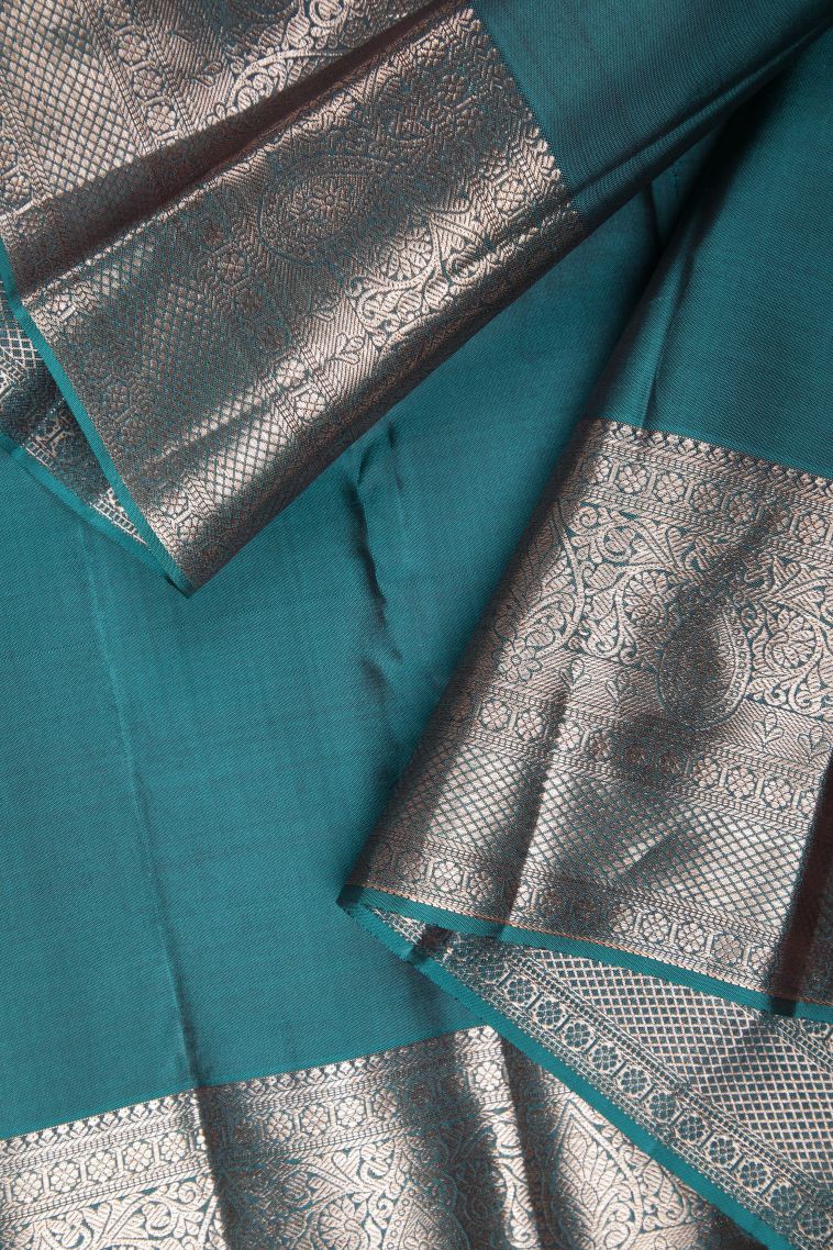 Olive Green Kanchipuram Silk Sarees with Copper Zari Floral Patterns view 3
