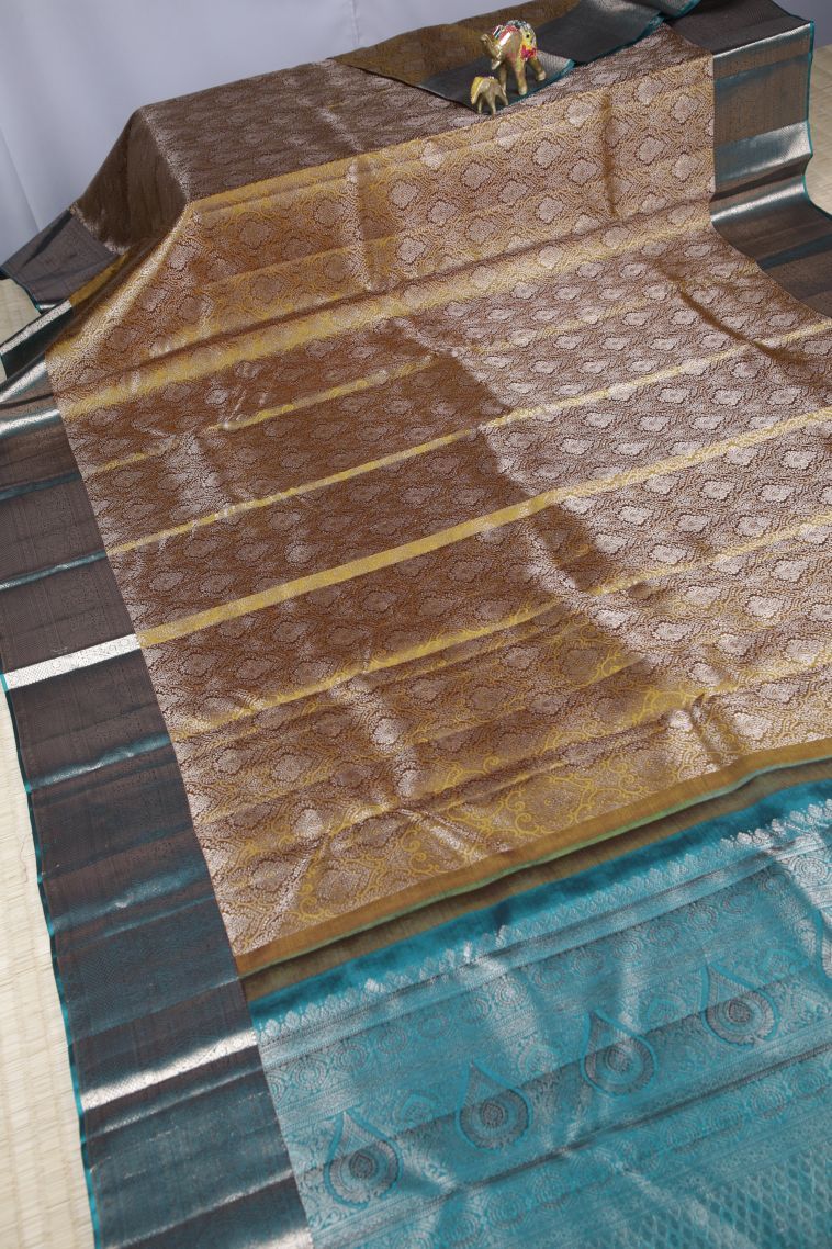 Olive Green Kanchipuram Silk Sarees with Copper Zari Floral Patterns view 2