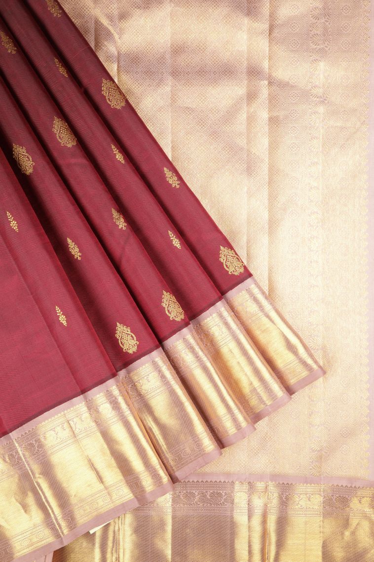 Currant Red Kanchipuram Silk Sarees with Gold Zari Buttis (small Dots Or Motifs) view 1