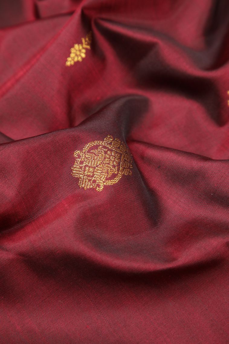 Currant Red Kanchipuram Silk Sarees with Gold Zari Buttis (small Dots Or Motifs) view 4