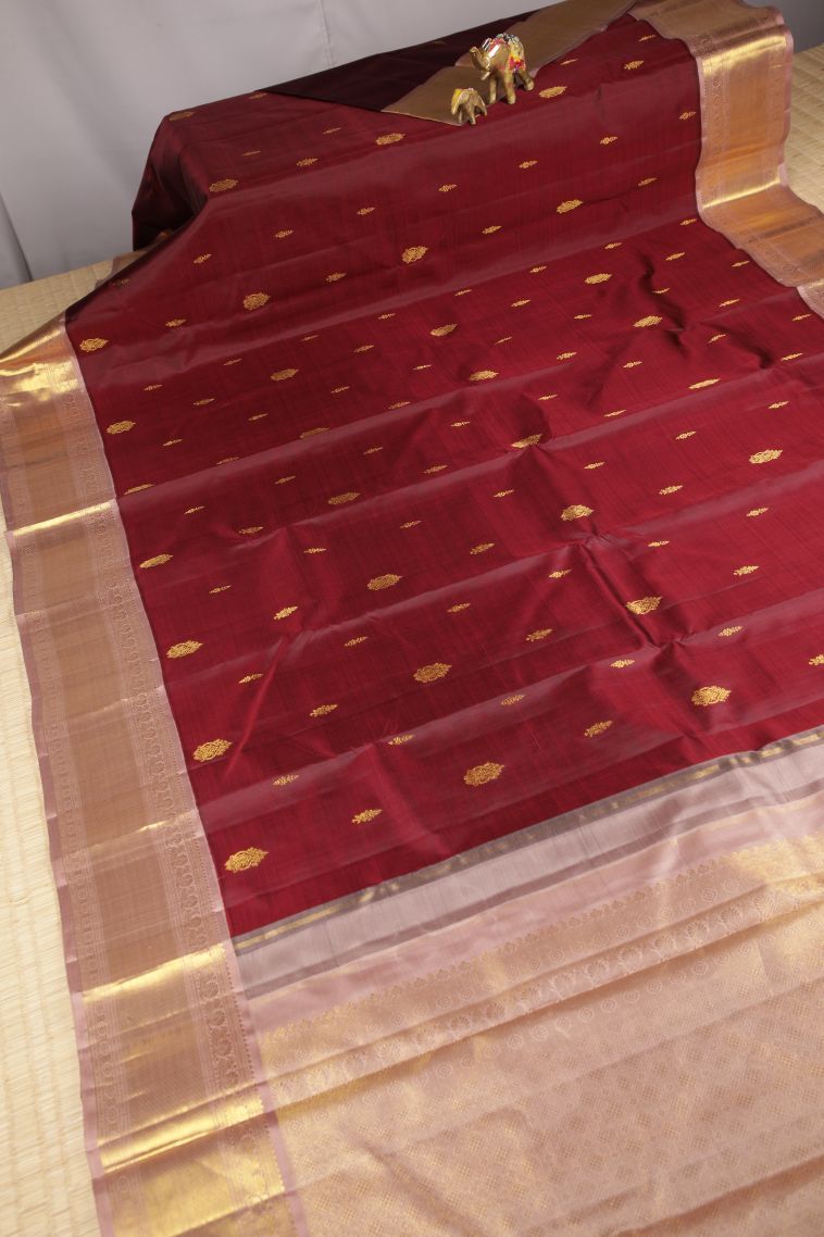 Currant Red Kanchipuram Silk Sarees with Gold Zari Buttis (small Dots Or Motifs) view 2