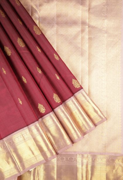Currant Red Kanchipuram Silk Sarees with Gold Zari Buttis (small Dots Or Motifs)