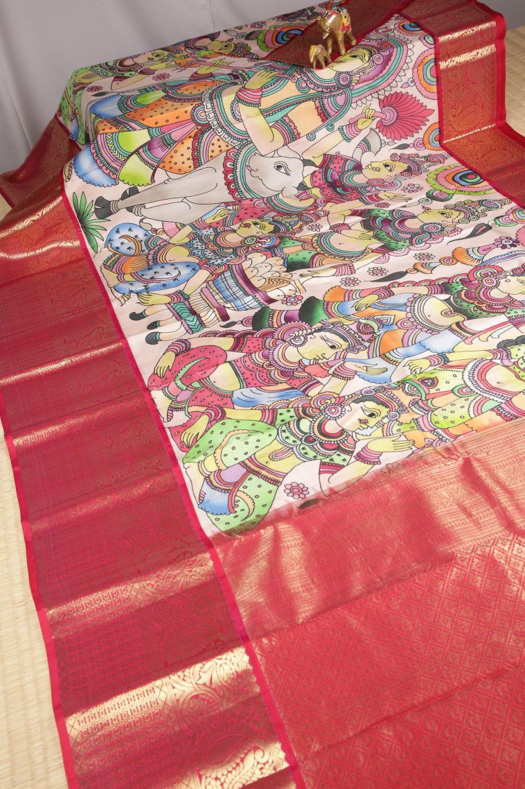 Alabaster White Kanchipuram Silk Sarees with Without Zari Zari Floral Patterns view 2