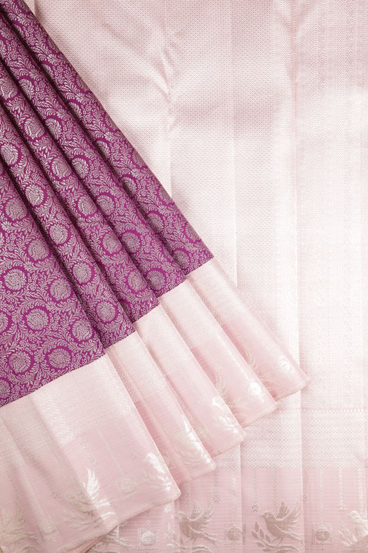 Magenta Purple Kanchipuram Silk Sarees with Silver Zari Floral Patterns view 1