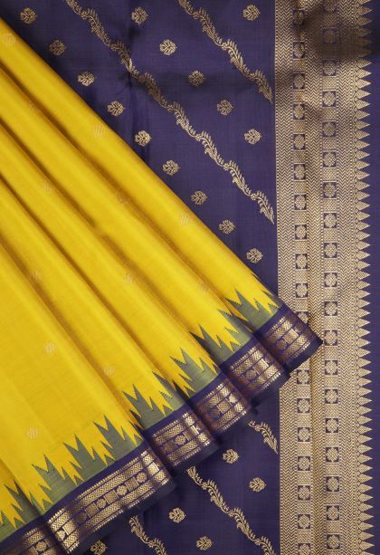 Latte Yellow Kanchipuram Silk Sarees with Gold Zari Buttis (small Dots Or Motifs)