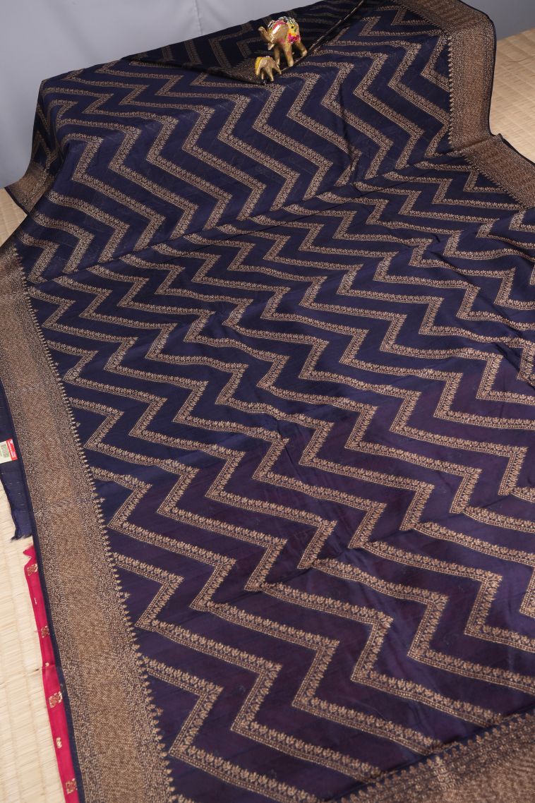 Navy Blue Banaras Sarees with Copper Zari Geometric Shapes view 2