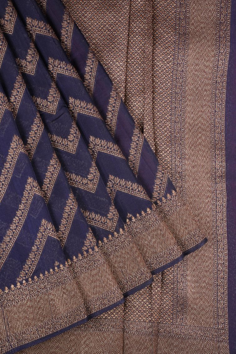Navy Blue Banaras Sarees with Copper Zari Geometric Shapes view 1