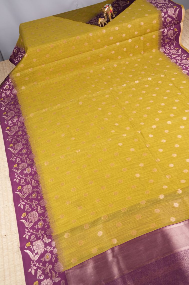 Lime Green Tussar Saree with Copper Zari Buttis (small Dots Or Motifs) view 2