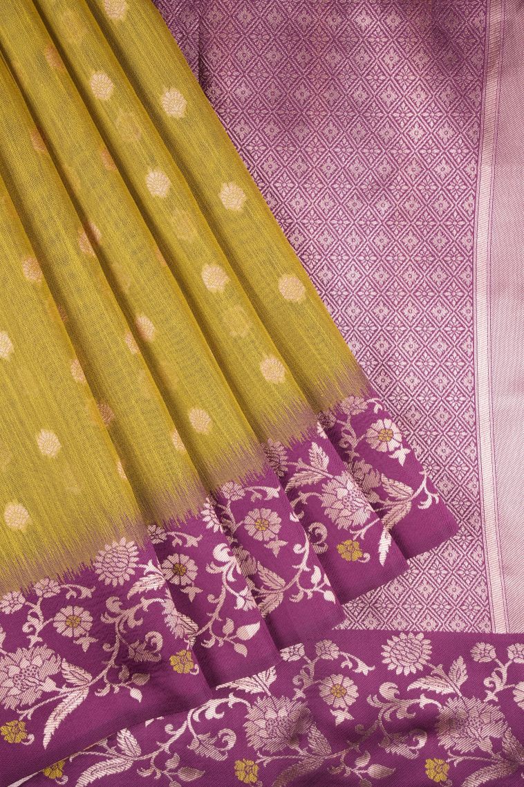 Lime Green Tussar Saree with Copper Zari Buttis (small Dots Or Motifs) view 1