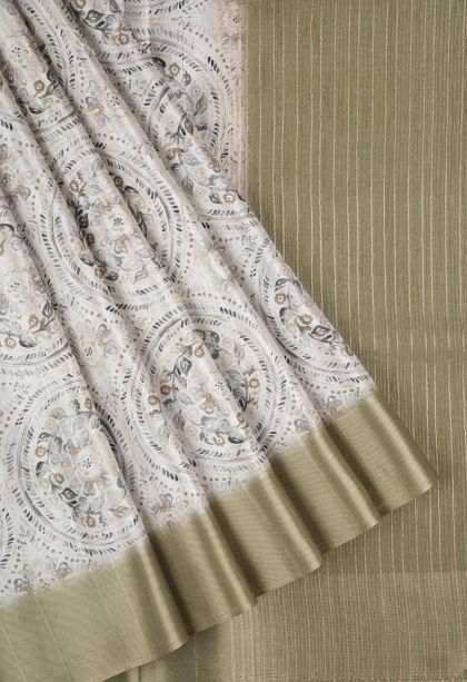 Alabaster White Tussar Saree with Without Zari Zari Floral Patterns