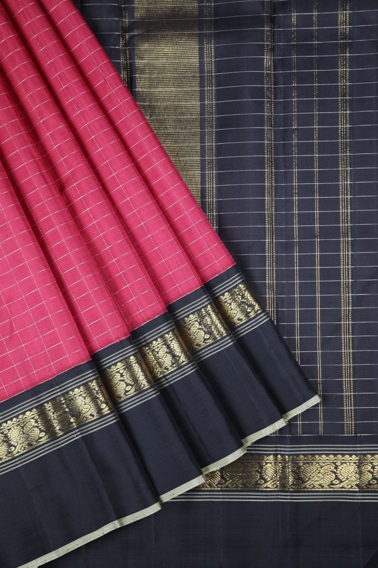 Magenta  Pink Kanchipuram Silk Sarees with Gold And Silver Zari Checks view 1