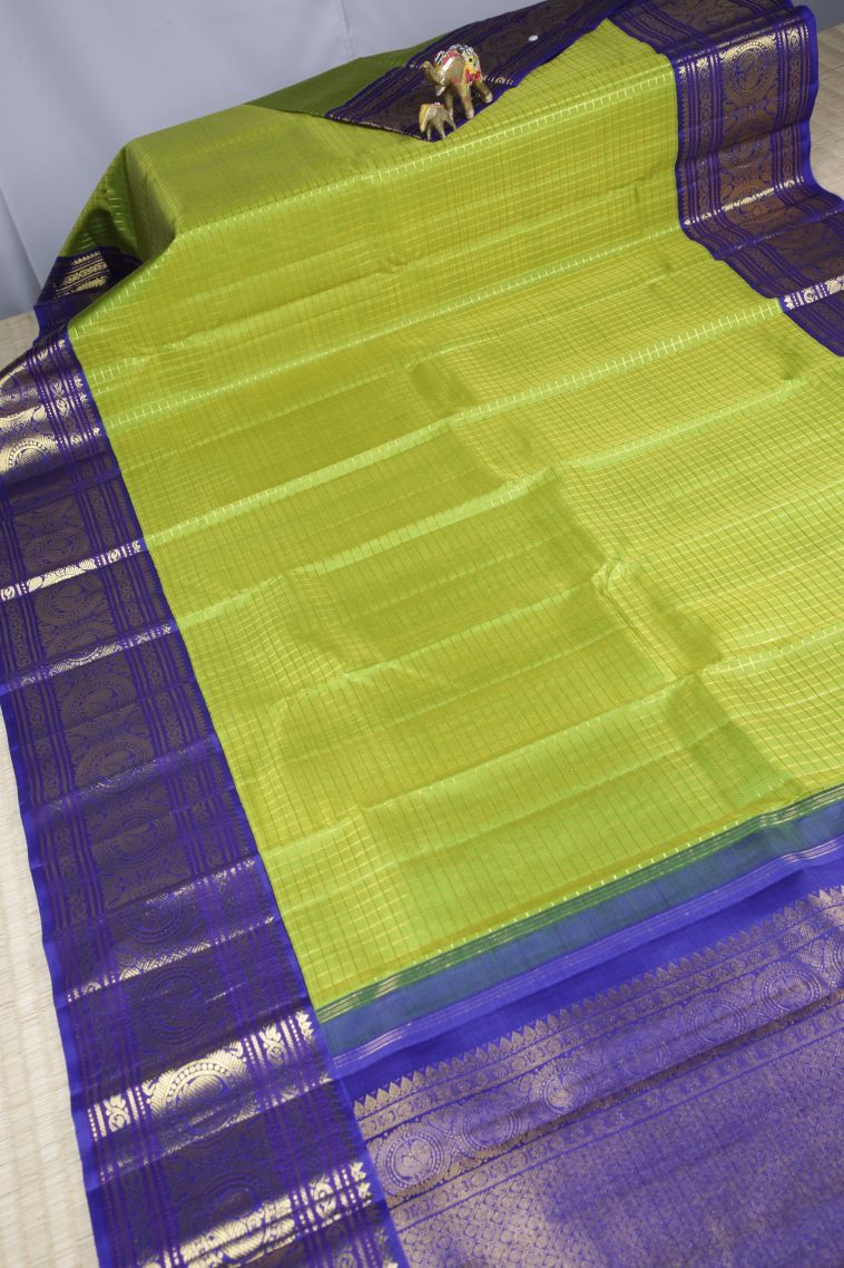 Lime Green Kanchipuram Silk Sarees with Gold Zari Checks view 2