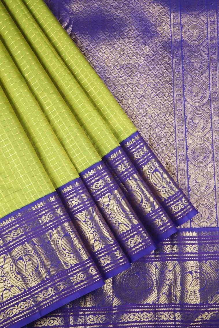 Lime Green Kanchipuram Silk Sarees with Gold Zari Checks view 1