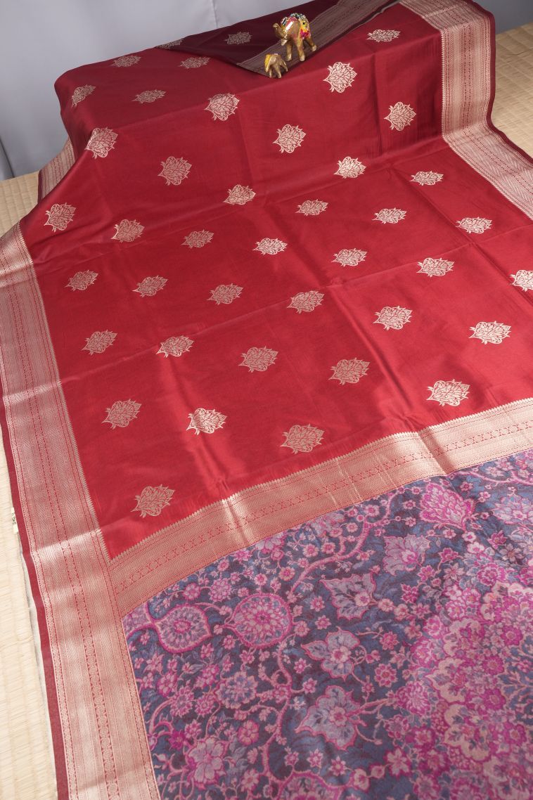 Apple Red Banaras Sarees with Copper Zari Buttis (small Dots Or Motifs) view 2