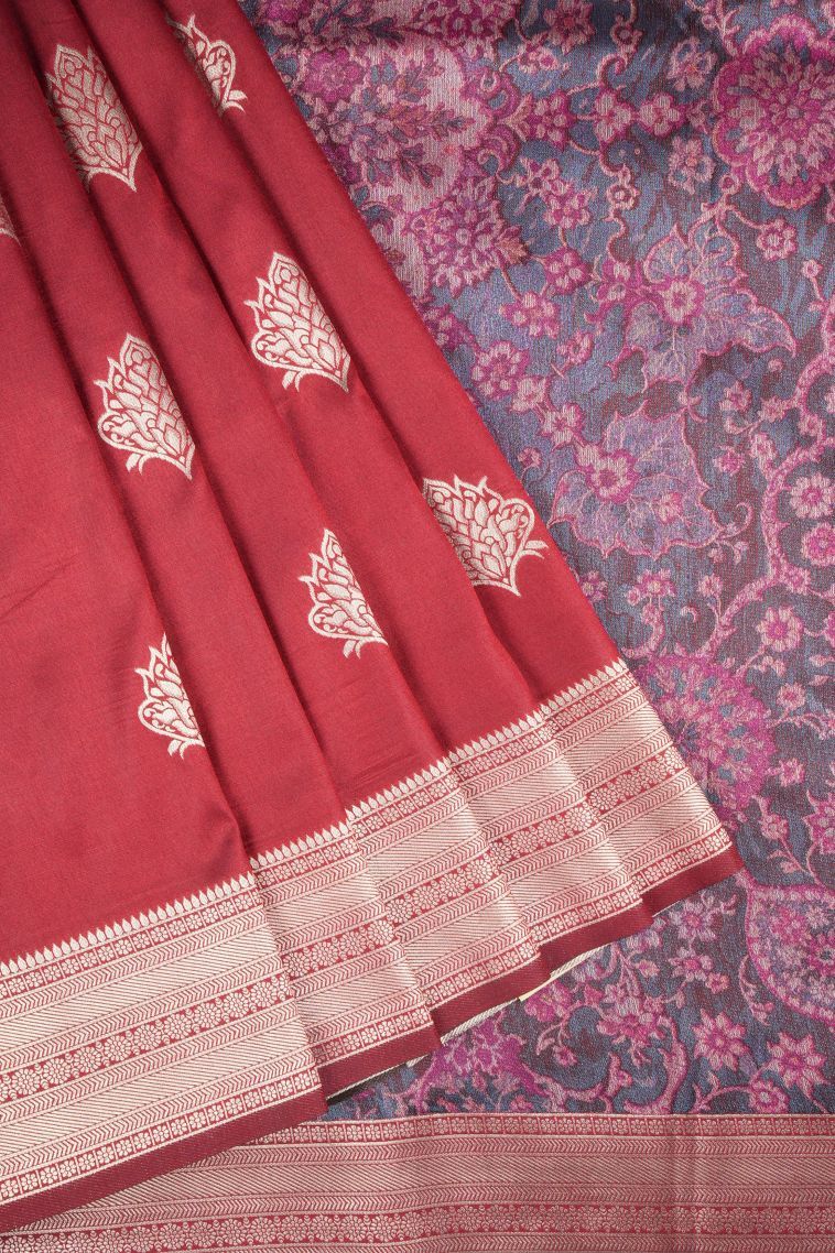 Apple Red Banaras Sarees with Copper Zari Buttis (small Dots Or Motifs) view 1