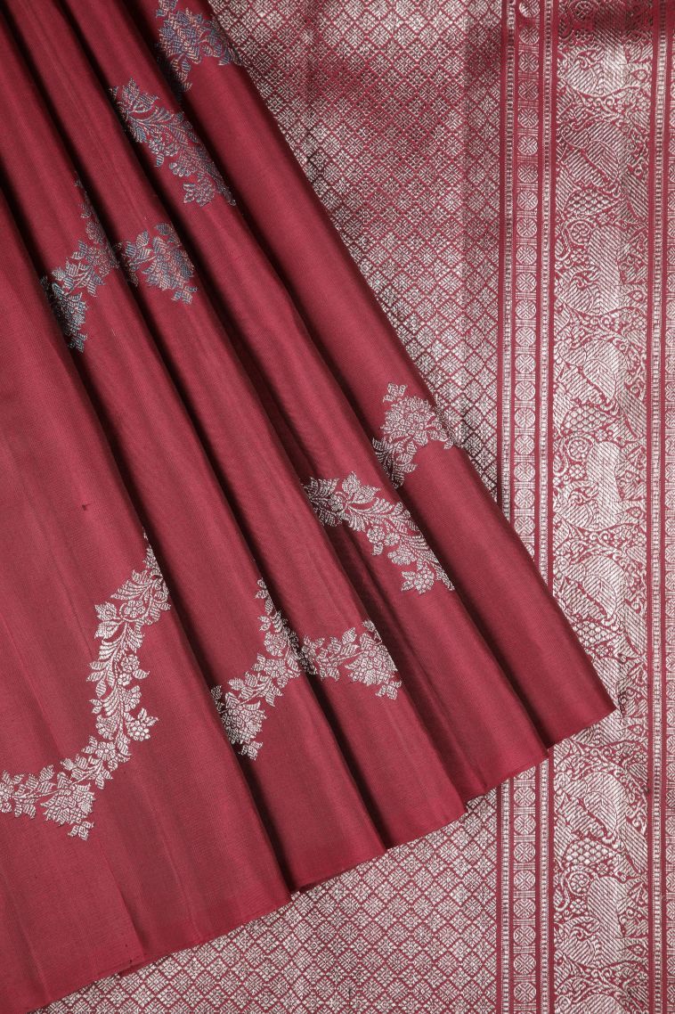 Magenta Purple Kanchipuram Silk Sarees with Bronze Zari Floral Patterns view 1