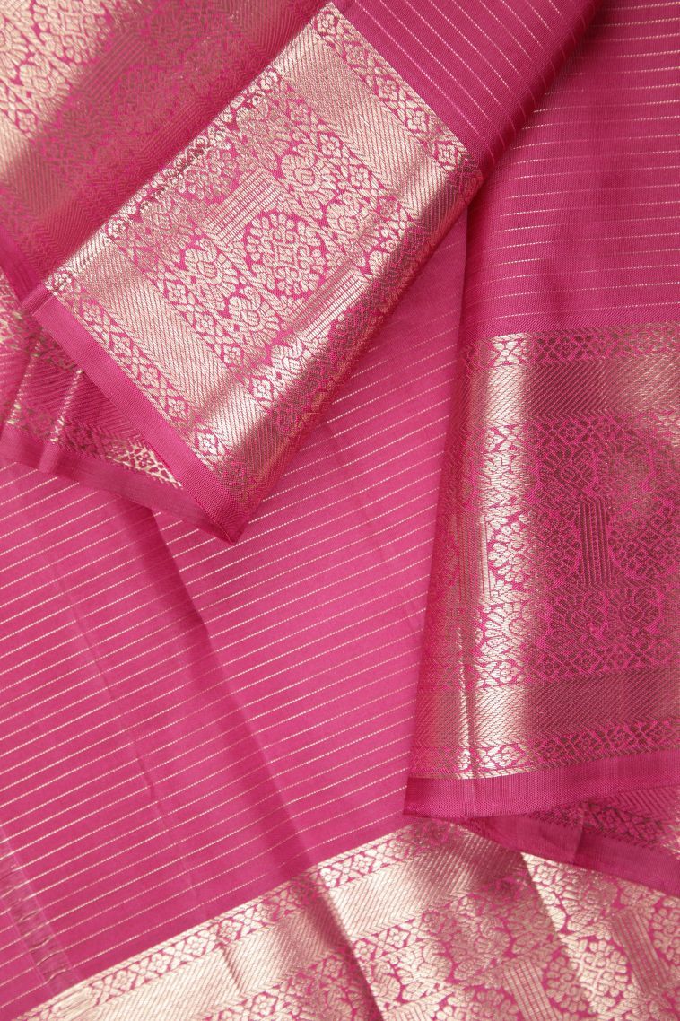 Bubblegum Pink Kanchipuram Silk Sarees with Gold Zari Stripes view 3