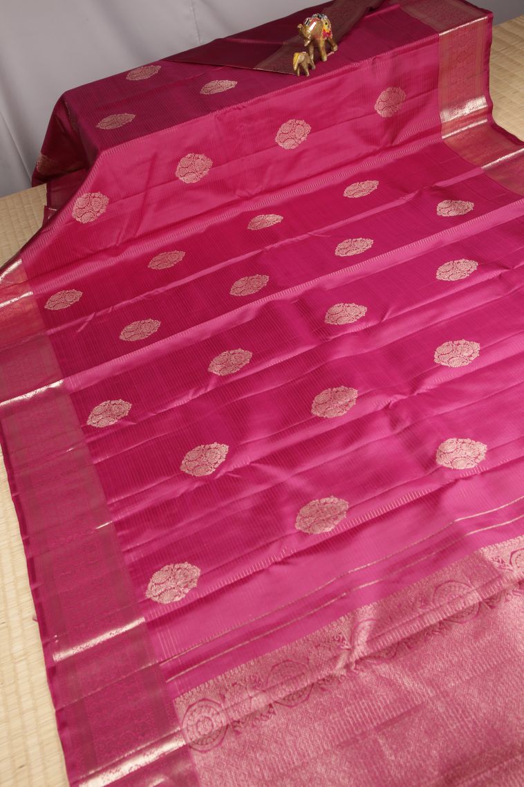 Bubblegum Pink Kanchipuram Silk Sarees with Gold Zari Stripes view 2