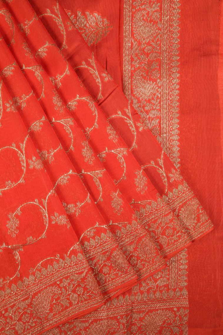 Tiger Orange Banaras Sarees with Gold Zari Floral Patterns view 1