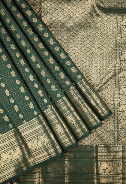 Bottle Green Kanchipuram Silk Sarees with Gold Zari Checks