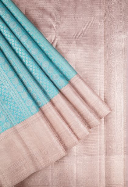 Sky Blue Kanchipuram Silk Sarees with Gold Zari Buttis (small Dots Or Motifs)