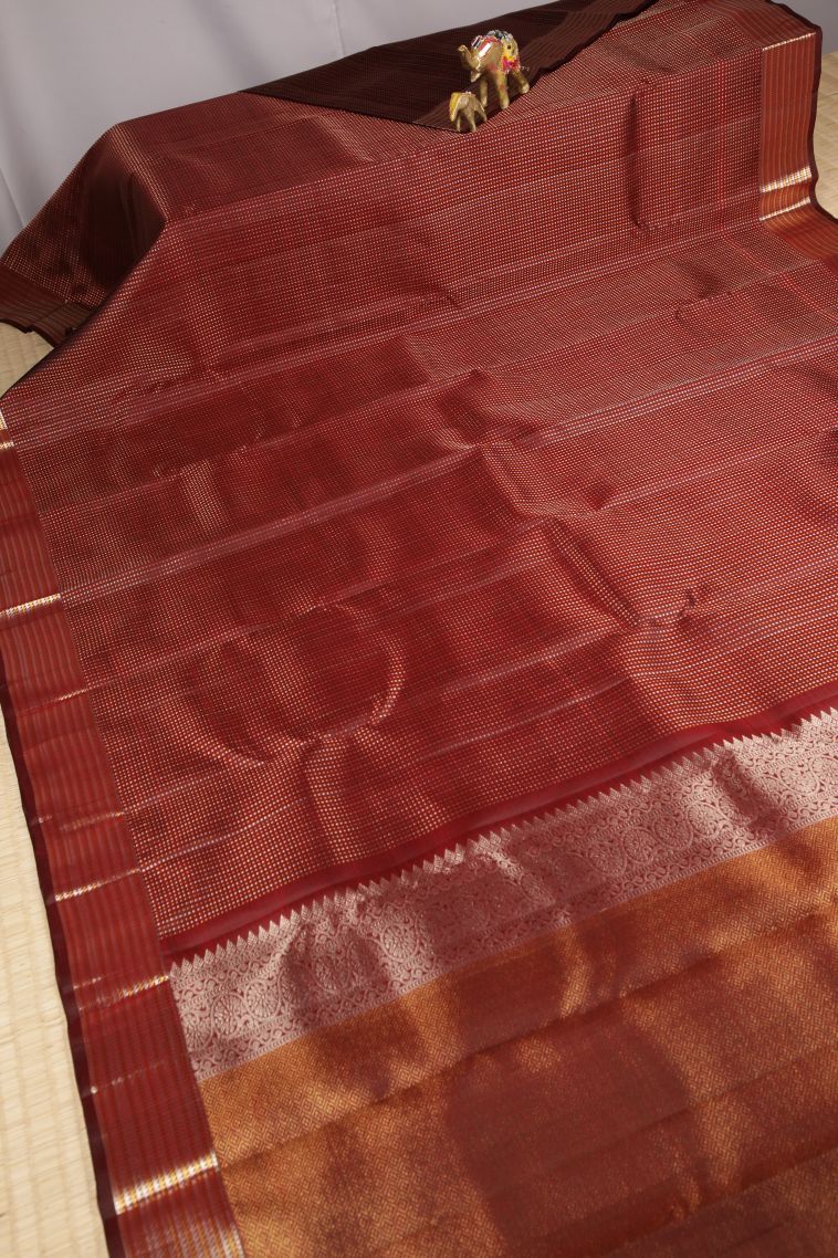 Apple Red Kanchipuram Silk Sarees with Gold And Silver Zari Stripes view 2