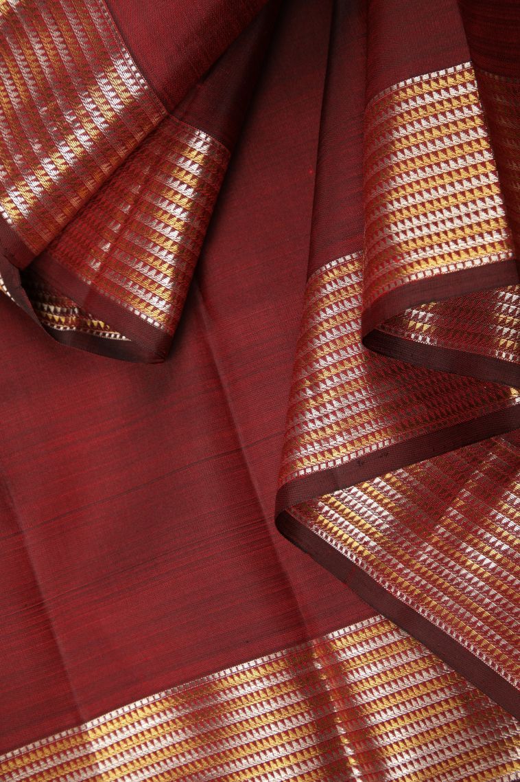 Apple Red Kanchipuram Silk Sarees with Gold And Silver Zari Stripes view 3