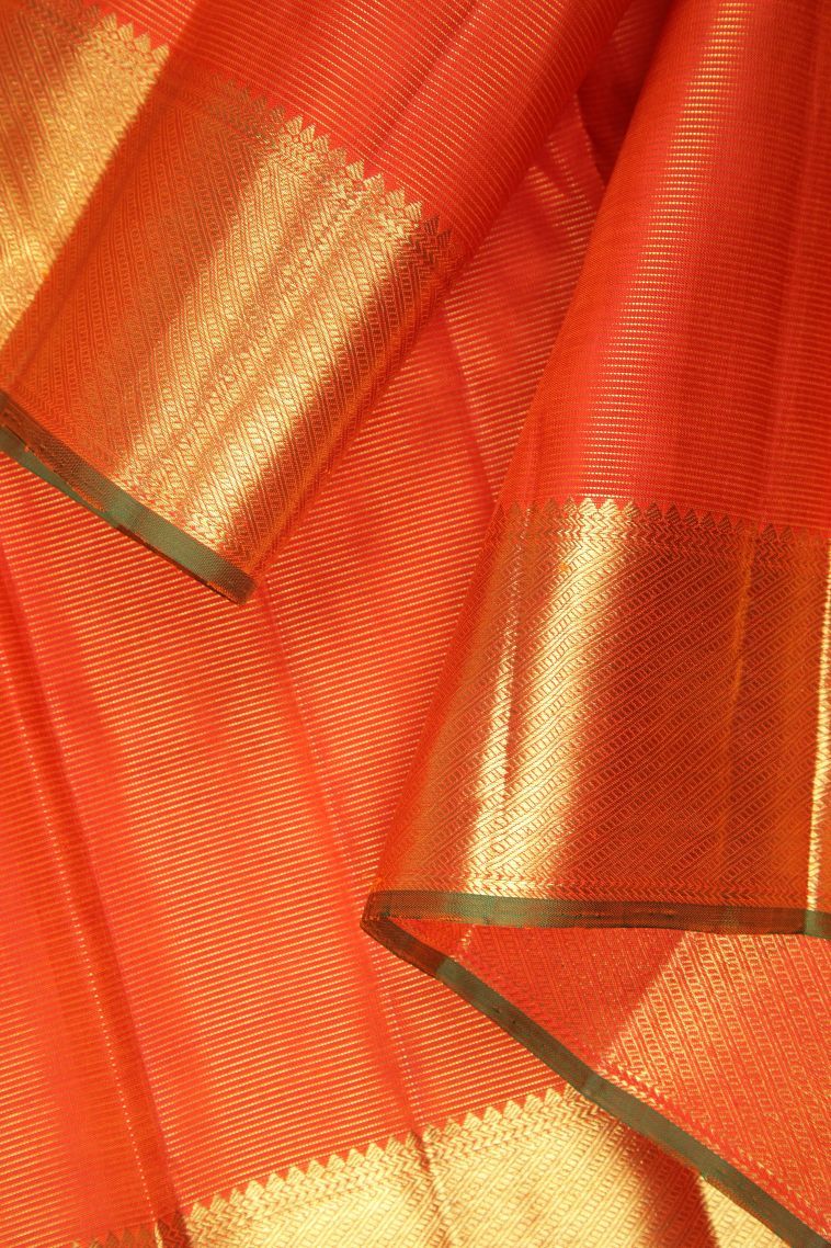 Spice Orange Kanchipuram Silk Sarees with Gold Zari Stripes view 3