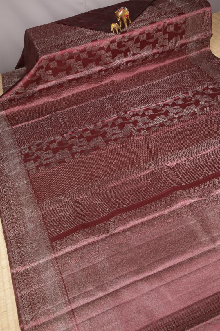 Blush Red Kanchipuram Silk Sarees with Bronze Zari Geometric Shapes view 2