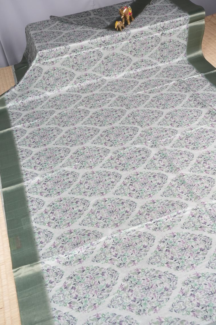 Alabaster White Tussar Saree with Without Zari Zari Floral Patterns view 2