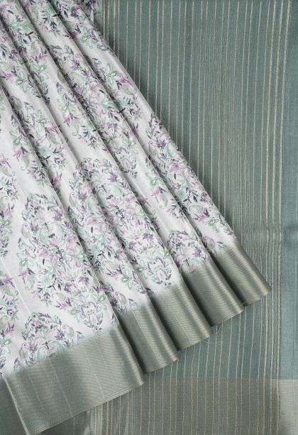 Alabaster White Tussar Saree with Without Zari Zari Floral Patterns