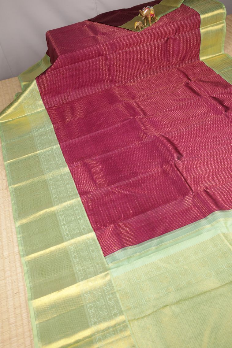 Magenta Purple Kanchipuram Silk Sarees with Gold Zari Stripes view 2