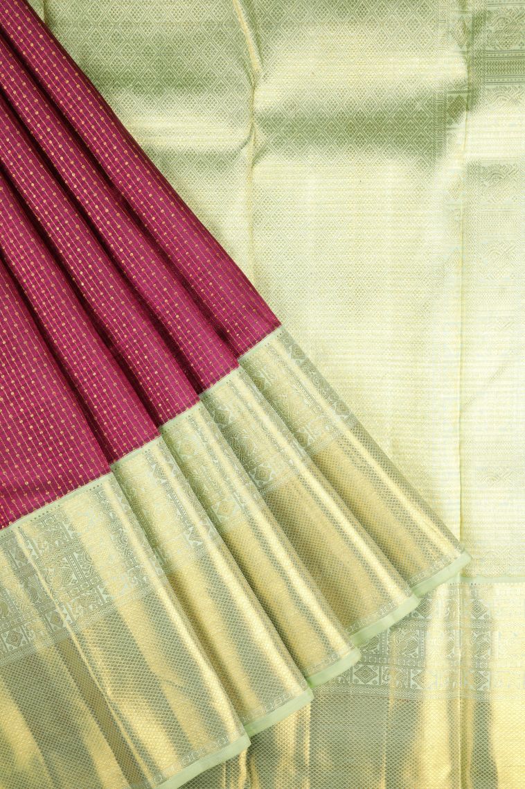 Magenta Purple Kanchipuram Silk Sarees with Gold Zari Stripes view 1