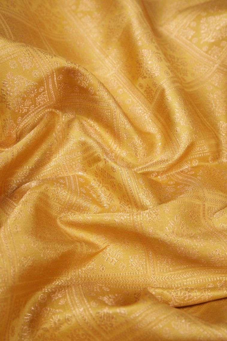 Gold Kanchipuram Silk Sarees with Gold Zari Floral Patterns view 4